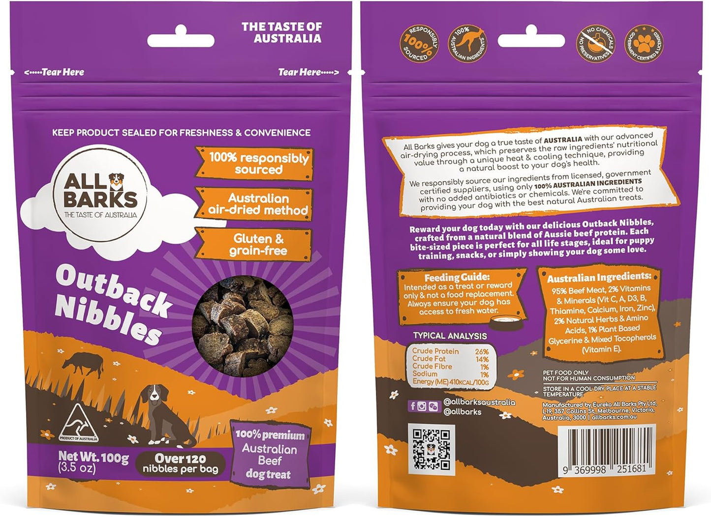 Outback Nibbles - 100% Real Aussie Beef - Natural, Grain-Free, Australian Dog Treats - 100g