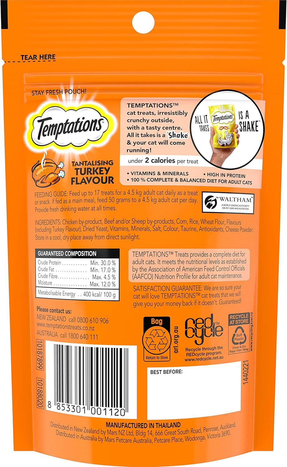 TEMPTATIONS Cat Treats Tantalising Turkey Flavour 85g, 6 Pack