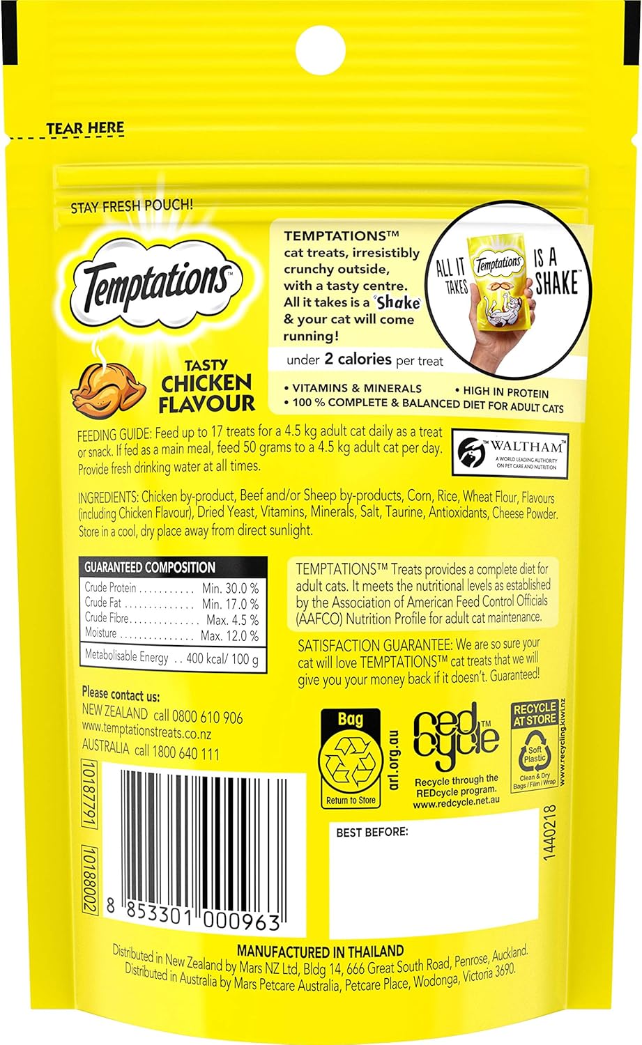 TEMPTATIONS Cat Treats Tasty Chicken Flavour 85g, 6 Pack
