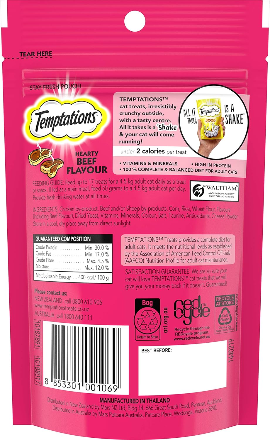 TEMPTATIONS Cat Treats Hearty Beef Flavour 85g, 6 Pack