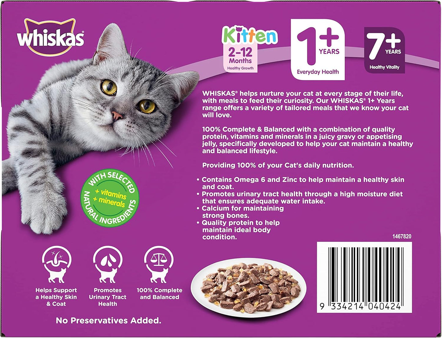 WHISKAS 1+ Years Wet Cat Food with Chicken Favourites in Jelly 12 x 85g, 5 Pack (60 Pouches)