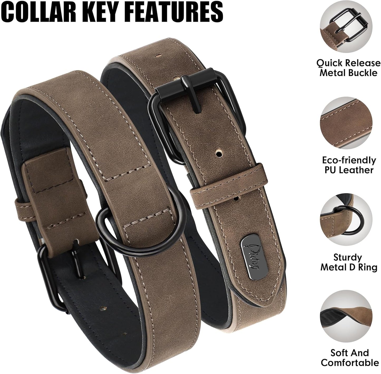 Didog Soft Padded Leather Dog Collar, Breathable Heavy Duty Dog Collar Leather with Adjustable Rust-Proof Metal Buckle for Small Medium Large Dogs, Brown, M