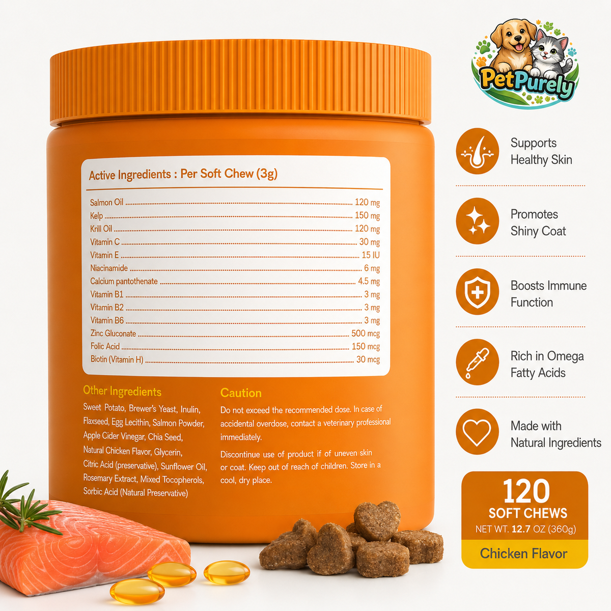 PetPurely Skin & Coat Chews for Dogs – Omega-3, Salmon Oil, Krill Oil & Biotin | Supports Healthy Skin, Shiny Coat & Immune Health | Chicken Flavor | 120 Soft