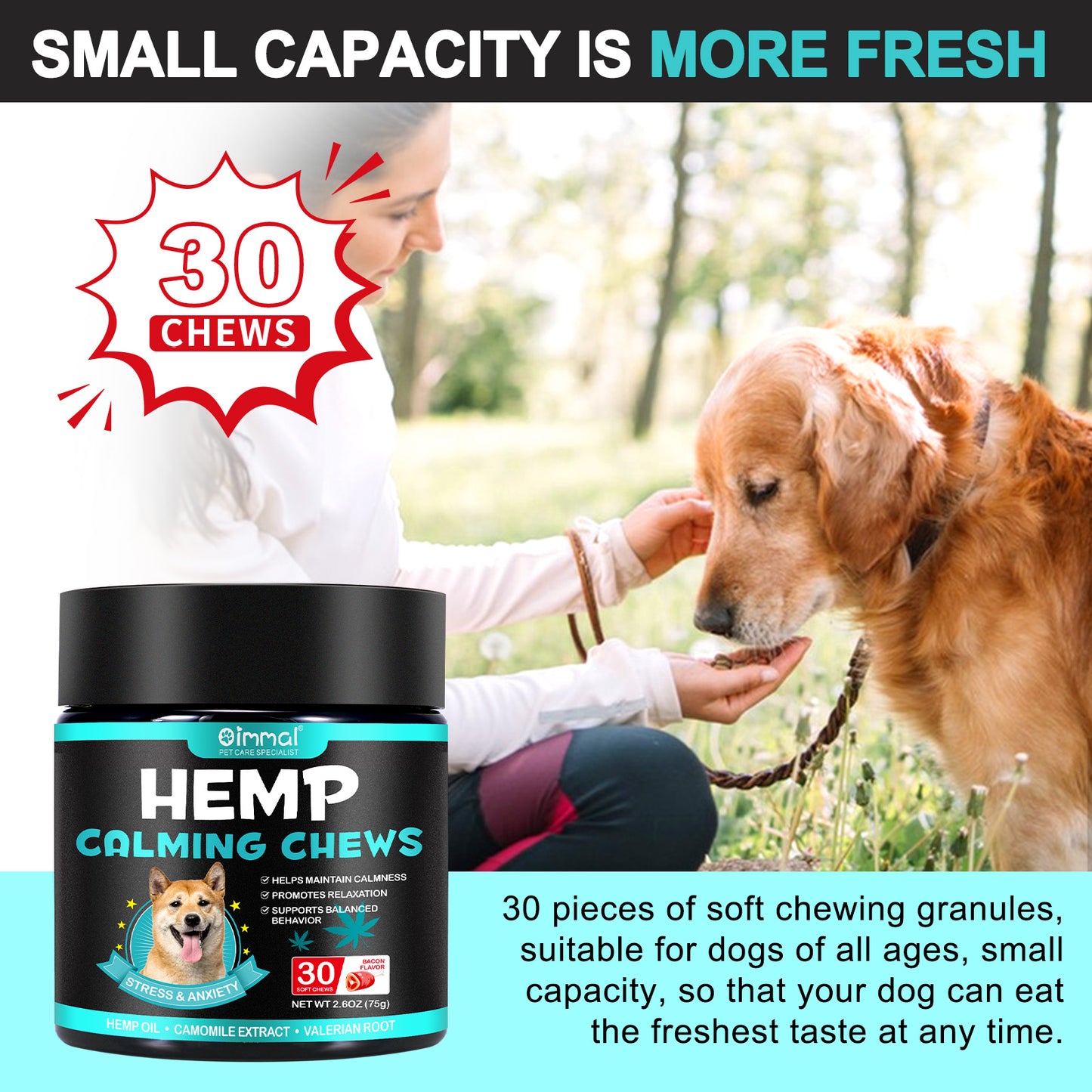 Hemp Calming Chews for Dogs ā Natural Stress & Anxiety Relief, Promotes Relaxation, Supports Calm Behavior, Hemp Oil, Chamomile, Valerian Root & L-Theanine, Bacon Flavor, 30 Soft Chews