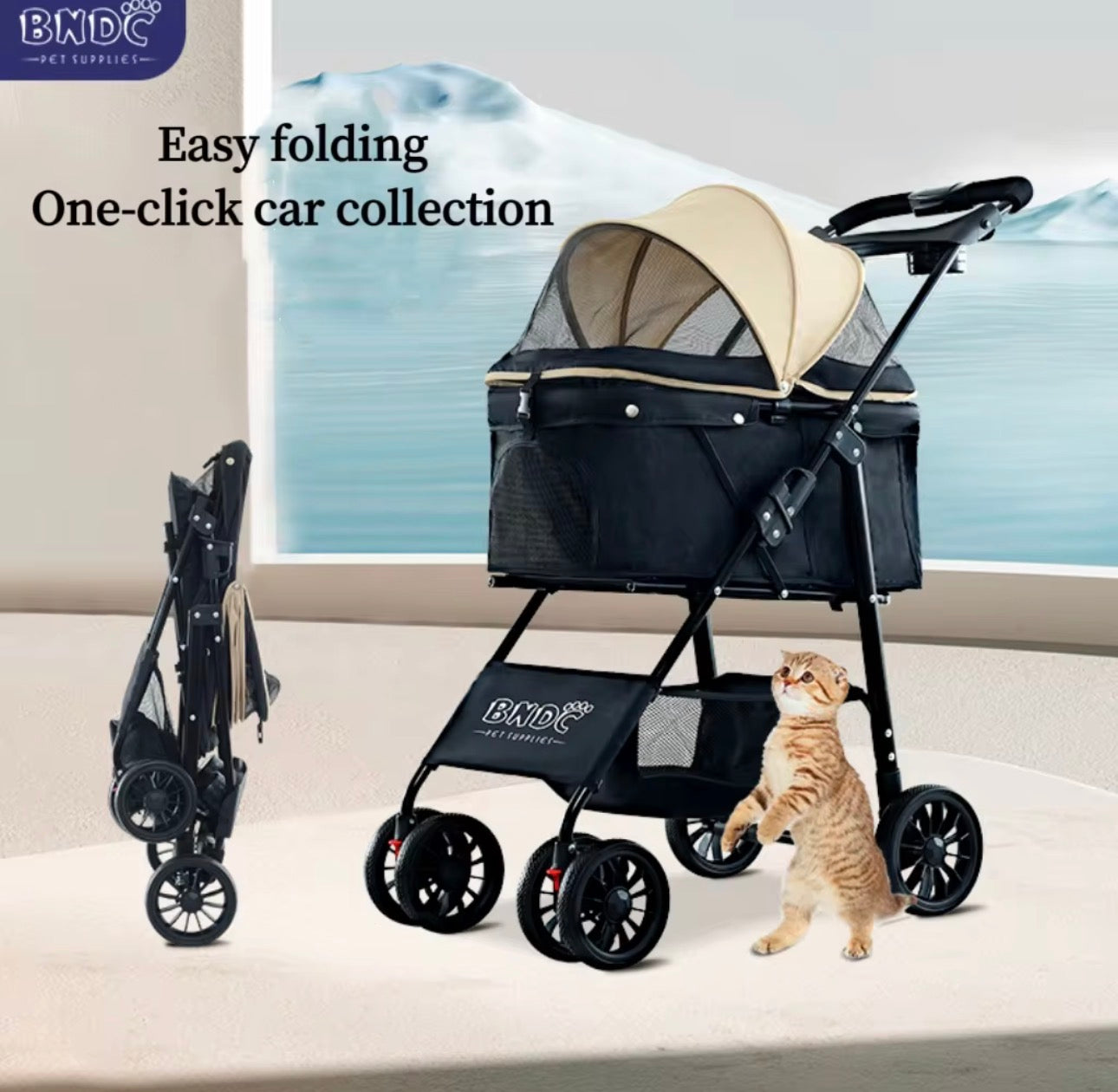 Premium Foldable Pet Stroller for Cats & Small Dogs With storage basket and lightweight
