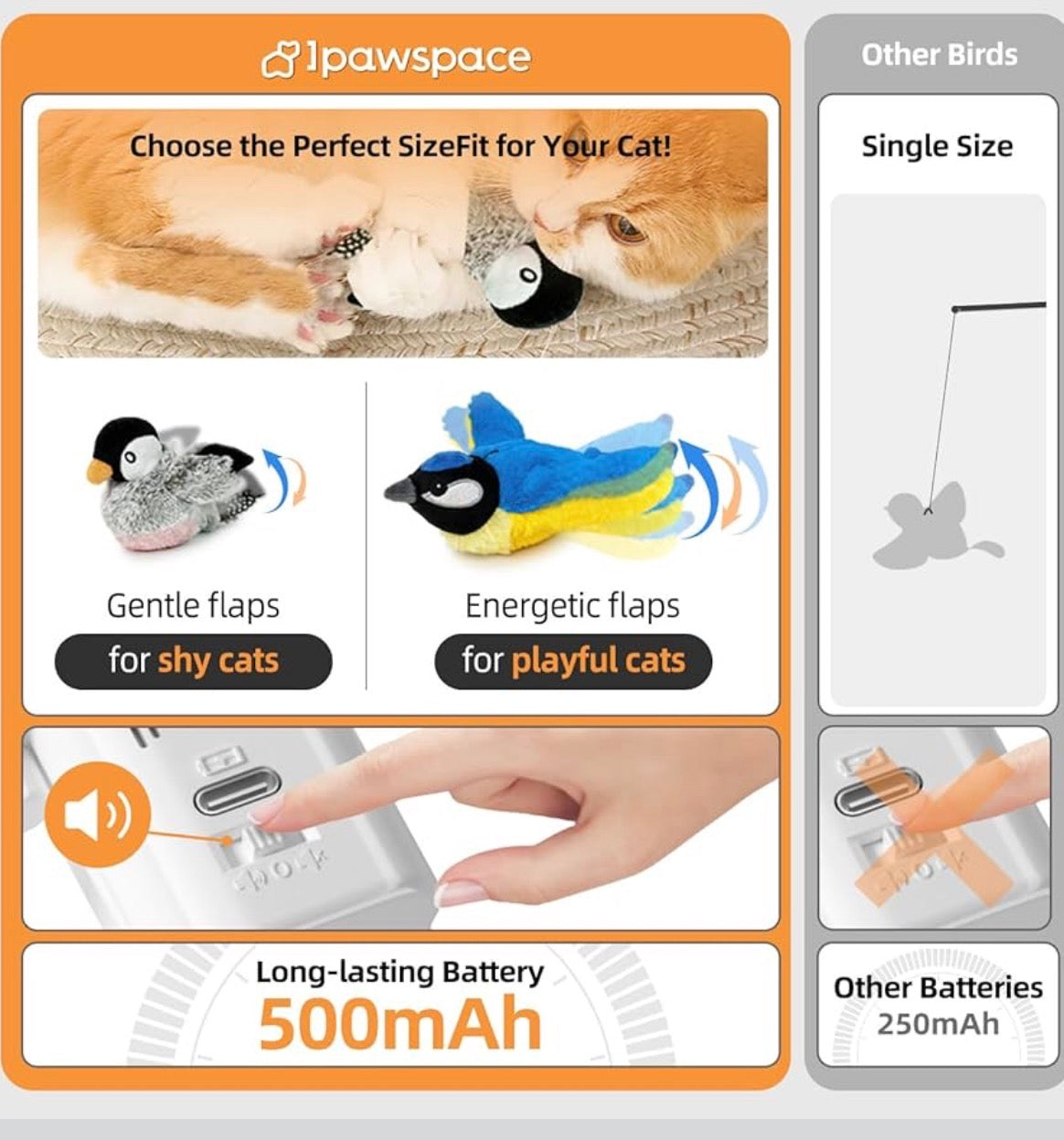 Interactive Flapping Bird Cat Toy with Catnip, Touch Activated Rechargeable, Musical Sound