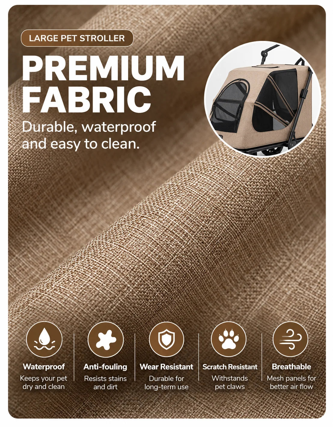 Large Dog Stroller Foldable Pet Pram with Mesh Windows Coffee Brown