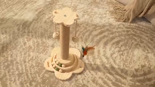 Cat Scratching Post for Kittens, 4 in 1 Wooden Cat Scratcher Toy, 17.7" Tall Scratch Post with 2 Level Cat Track Balls, Interactive Feather Toy and 2 Sisal Hanging Balls for Indoor Kittens