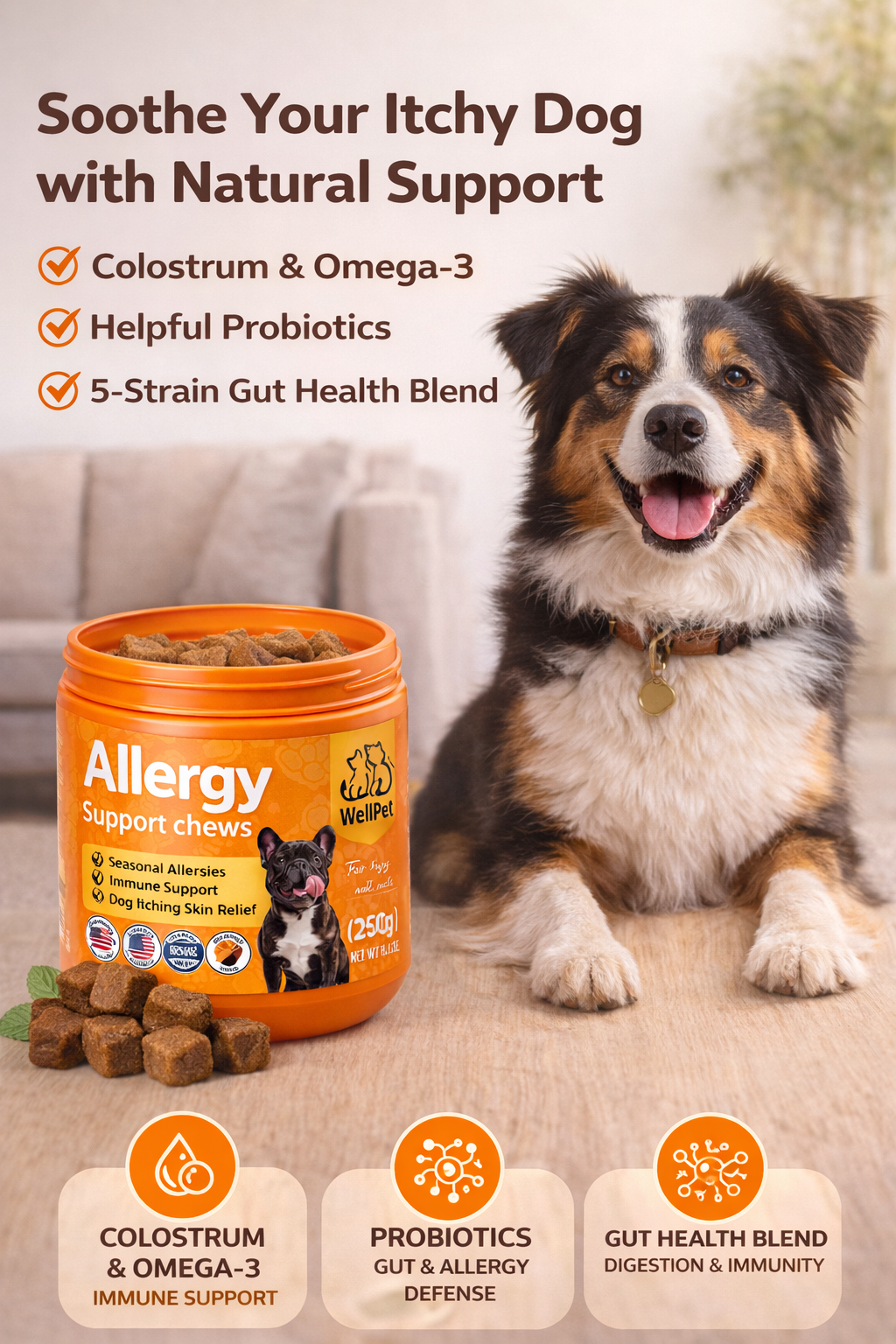 Powerful Allergy Relief Chews for Dogs ,Support Itchy Skin, Boost Immunity 100pc