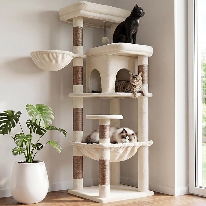 Heybly Cat Tree, 56" Multi-Level Easy Climb Tower for Large Cats HCT028MJ | Cat Furniture with 2 Perches, Cozy Hammock, Spacious Condo & Cat Basket, Durable Sisal Scratching Posts, Beige
