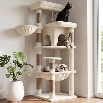 Heybly Cat Tree, 56" Multi-Level Easy Climb Tower for Large Cats HCT028MJ | Cat Furniture with 2 Perches, Cozy Hammock, Spacious Condo & Cat Basket, Durable Sisal Scratching Posts, Beige