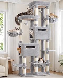 Heybly Cat Tree, 74.8-Inch Spacious & Tall Cat Tower for Large Cats, Cat Furniture with Large Top Perch, Solid Base, 2 Cat Condos, Hanging Hammock, Durable Sisal Scratching Posts, Light Gray