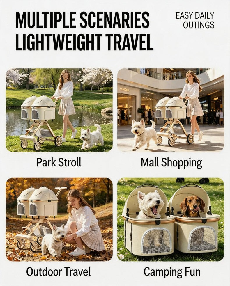 Twin Pet Stroller for 2 Cats & Dogs – Foldable  with Lightweight Aluminum Alloy Frame, Adjustable Design, Portable Pet Pushchair for Small Dogs & Cats,Khaki