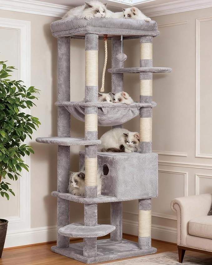 Heybly HCT050W Cat Scratching Post with Blankets for Large Cat Tree Large Platforms Cave 50 x 50 x 153cm Light Grey