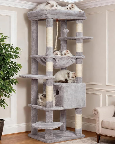 Heybly HCT050W Cat Scratching Post with Blankets for Large Cat Tree Large Platforms Cave 50 x 50 x 153cm Light Grey