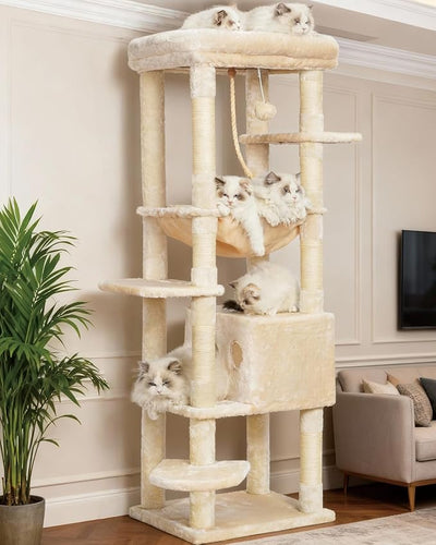 Heybly HCT050M Beige Cat Scratching Post with Blankets for Large Cat Scratching Post Large Platforms Cave 50 x 50 x 153cm