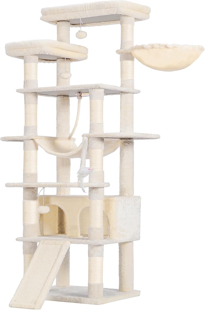 Heybly Tall Cat Tree 78-inch Multi-Level Cat Tower for Indoor Cats HCT033M | Cat Condo with 2 Widened Plush Perches, Multi-Level Cat Furniture with Scratching Board, Big Caves, Beige