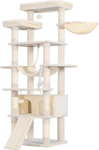 Heybly Tall Cat Tree 78-inch Multi-Level Cat Tower for Indoor Cats HCT033M | Cat Condo with 2 Widened Plush Perches, Multi-Level Cat Furniture with Scratching Board, Big Caves, Beige