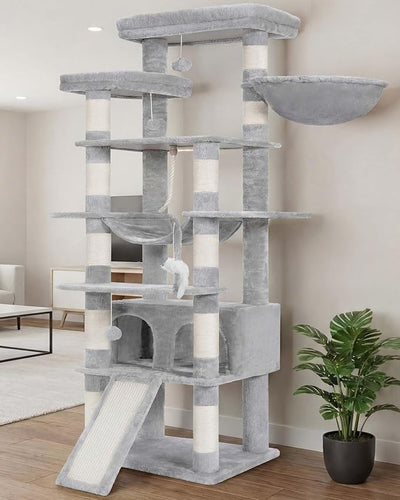 Heybly Tall Cat Tree, 78-inch Multi-Level Cat Tower for Indoor Cats, 2 Widened Plush Perches Cat Condo with Scratching Board and Big Caves, Light Gray