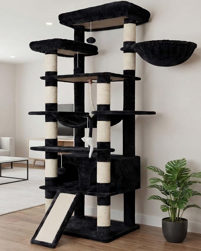 Heybly Tall Cat Tree, 78-inch Multi-Level Cat Tower for Indoor Cats, 2 Widened Plush Perches Cat Condo with Scratching Board and Big Caves, Smoky Gray
