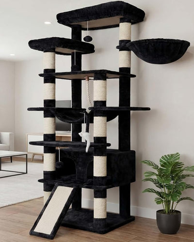 Heybly Tall Cat Tree, 78-inch Multi-Level Cat Tower for Indoor Cats, 2 Widened Plush Perches Cat Condo with Scratching Board and Big Caves, Smoky Gray