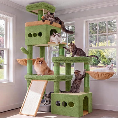 Heybly Cat Tree 72.4-Inch Anti-Tip Cat Tower with Spacious Perches HCT060GY | All-in-One Cat Furniture for Large Cats, Multiple Interactive Areas, Extra-Large Sisal Scratching Board, Green and Yellow
