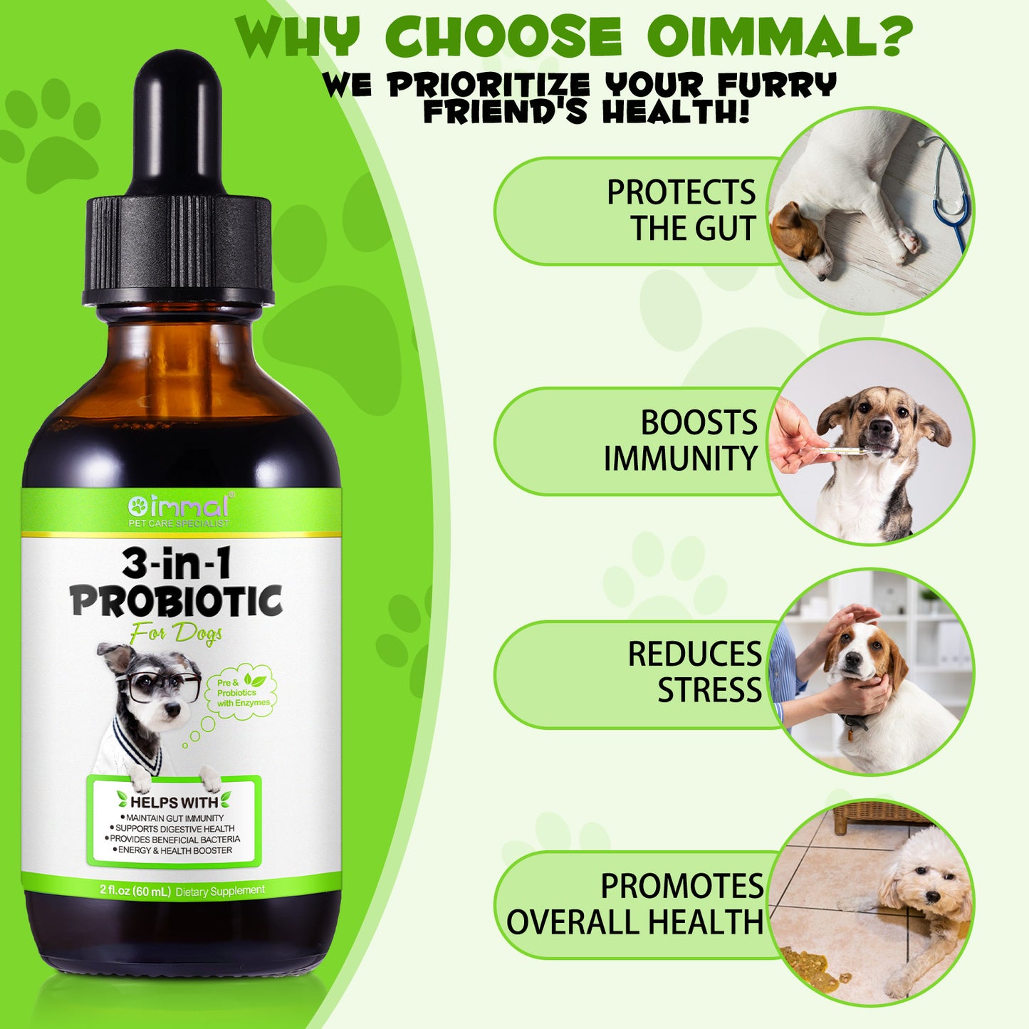 Oimmal 3-in-1 Probiotic for Dogs – Gut Health, Immunity & Energy Booster (2 fl oz / 60 mL)