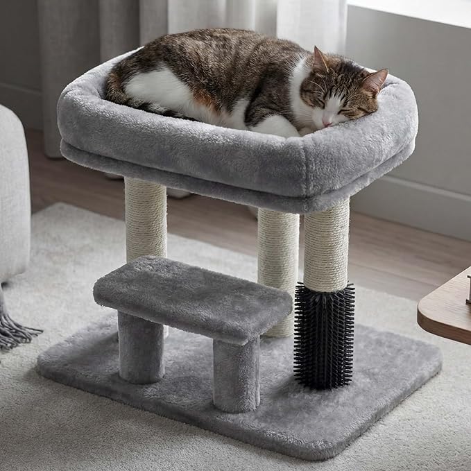 Heybly Cat Scratching Post with Grooming Brush & Gentle Step, HSP001SW | Light Gray