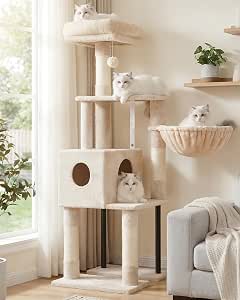 Heybly Cat Tree, 125 cm Cat Tower for Indoor Cats, Spacious Cat House Condo with Hidden Space，Sturdy Steel Tube，Soft Plush Top Perch，Cozy Hammock and Sisal Scratching Posts, Beige HCT200SM