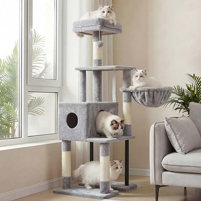 Heybly HCT200SW Cat Scratching Post, 125 cm, Small Cat Tree, Spacious and Comfortable Scratching Post with Cave