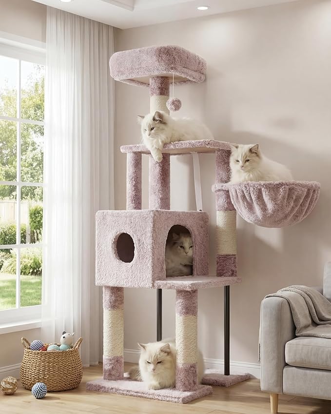 Heybly HCT200SMU Cat Scratching Post, 125 cm, Small Cat Tree, Spacious and Comfortable Scratching Post with Cave