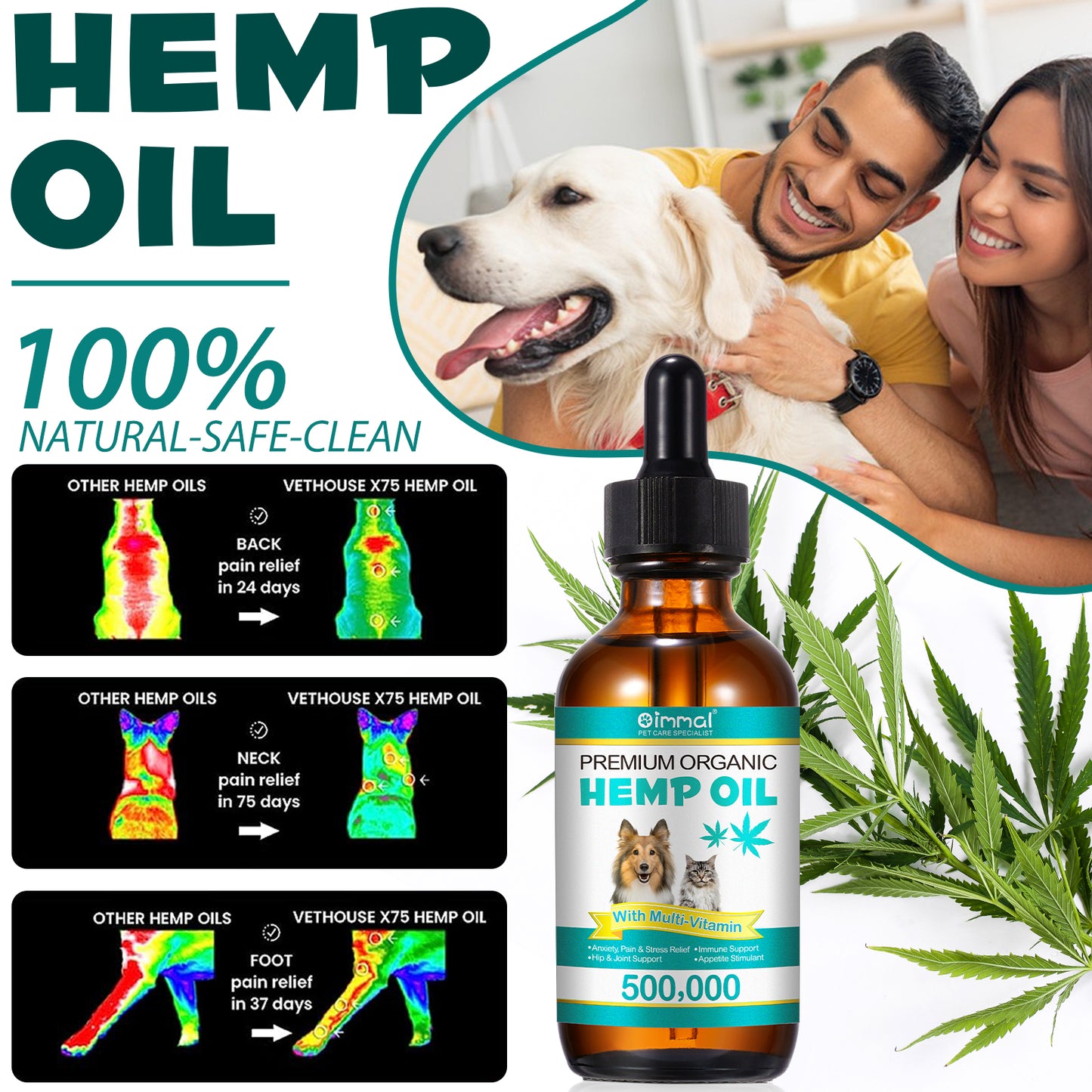 Oimmal Premium Organic Hemp Oil for Dogs & Cats – Natural Anxiety, Pain & Joint Relief with Multivitamins (2 fl oz / 60 mL)