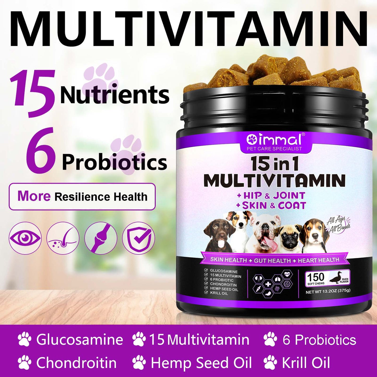 Oimmal 15-in-1 Multivitamin Soft Chews for Dogs – Hip & Joint, Skin & Coat, Gut & Heart Health (150 Count)