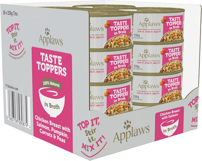 Applaws Taste Toppers 100% Natural Wet Dog Food Chicken Breast with Salmon & Vegetables in Broth Tin 156g (Pack of 16), Limited Ingredients Pet Food