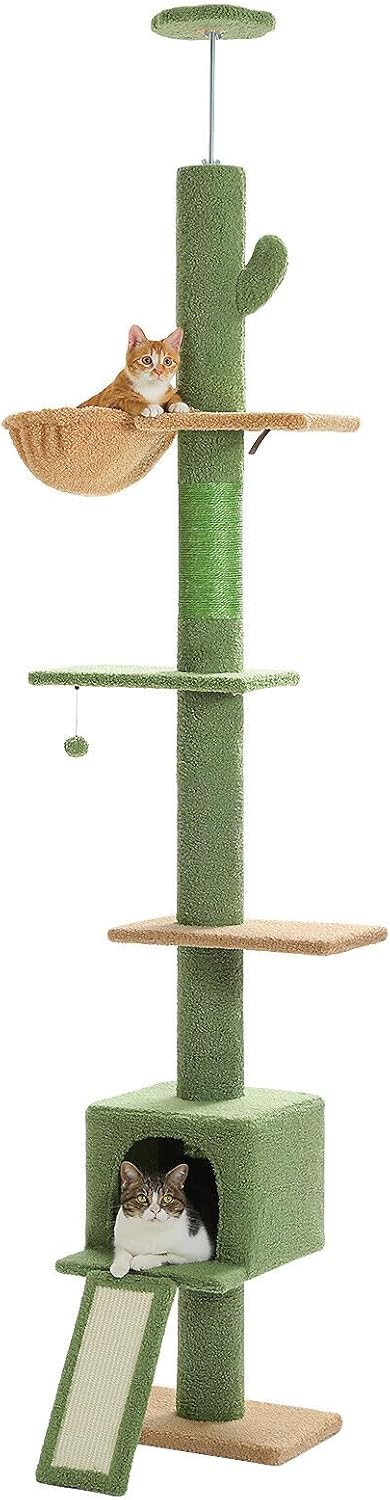 PAWZ Road Floor to Ceiling Cat Tree Tall Cat Tower, Adjustable Height (210-274cm), 5 Tiers Cat Climbing Tree with Cozy Cat Hammock and Condo, Cat Scratching Post for Indoor Cat, Green
