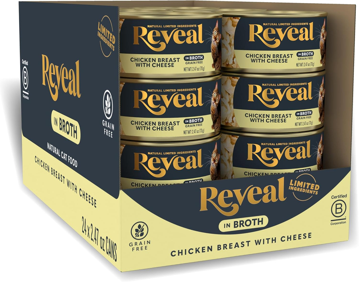 Reveal Natural Wet Cat Food, 24 Count, Grain Free, Limited Ingredient Canned Food for Cats, Chicken with Cheese in Broth, 70g Tins