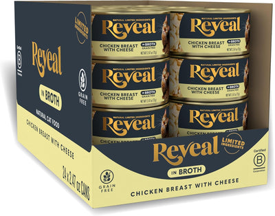Reveal Natural Wet Cat Food, 24 Count, Grain Free, Limited Ingredient Canned Food for Cats, Chicken with Cheese in Broth, 70g Tins