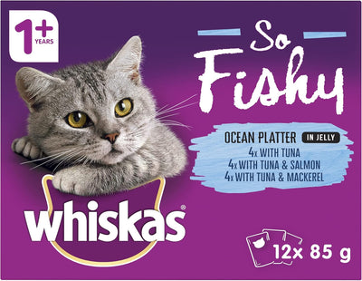 WHISKAS So Fishy Recipes 1+ Years Wet Cat Food Ocean Platter in Jelly 12 x 85g, 5 Pack (60 Pouches)