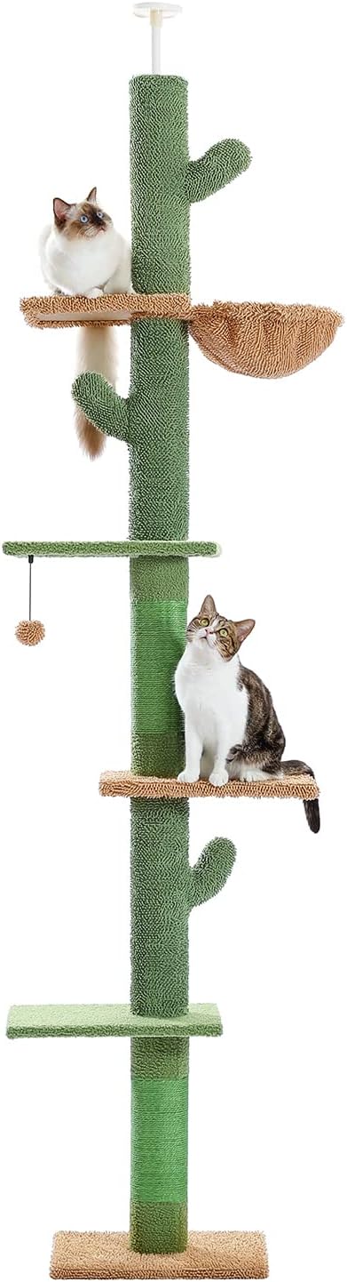 PAWZ Road Floor to Ceiling Cactus Cat Tree for Indoor Cats, Tall Cat Tower [229CM-275CM] Adjustable, Cat Climbing Tree with Cat Scratching Post, Hammock, Dangling Ball Toy,Green
