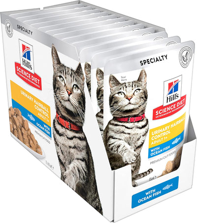 Hill's Science Diet Adult Wet Cat Food, Urinary Hairball Control Ocean Fish, 85g, 12 Pack, Cat Food Pouches