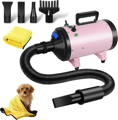 VOLKWELL 3200W/4.3HP Pet Grooming Dryer, Adjustable Speed & Temperature Control Pink Dog Blow Dryer, High Velocity Dog Hair Dryer with 4 Nozzles(Pink)