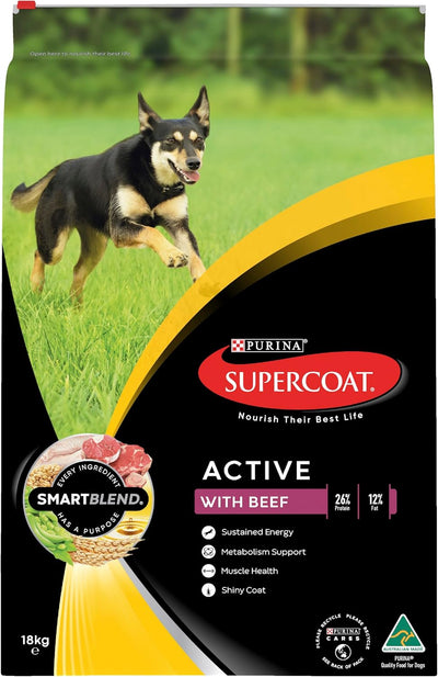 Purina Supercoat Adult Active Beef Dry Dog Food 18 Kg