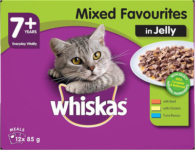 WHISKAS 7+ Years Wet Cat Food with Mixed Favourites in Jelly 12 x 85g, 5 Pack (60 Pouches)
