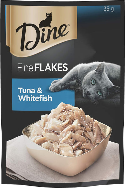 DINE Fine Flakes Adult Wet Cat Food Tuna & Whitefish 35g Pouches, 12 Pack