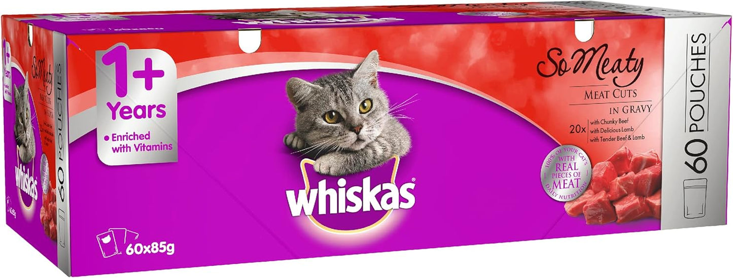 WHISKAS So Meaty Recipes 1+ Years Wet Cat Food with Meat Cuts in Gravy 12 x 85g, 5 Pack (60 Pouches)
