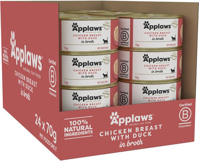 Applaws 100% Natural Wet Cat Food Chicken Breast with Duck in Broth Tin 70g (Pack of 24), Limited Ingredients Pet Food