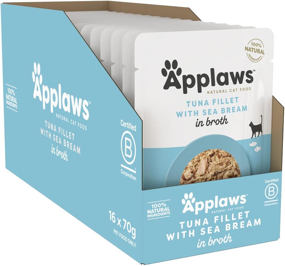 Applaws 100% Natural Wet Cat Food Tuna Fillet with Sea Bream in Broth, Limited Ingredients Pet Food 70g Pouch (Pack of 16) Visit the Applaws Store