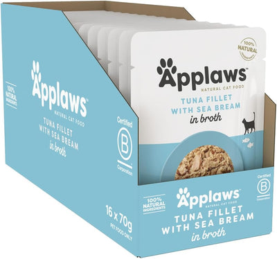 Applaws 100% Natural Wet Cat Food Tuna Fillet with Sea Bream in Broth, Limited Ingredients Pet Food 70g Pouch (Pack of 16) Visit the Applaws Store