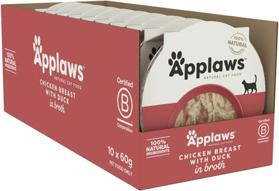 Applaws 100% Natural Wet Cat Food Chicken Breast with Duck in Broth, Limited Ingredients Pet Food 60g Pot (Pack of 10)