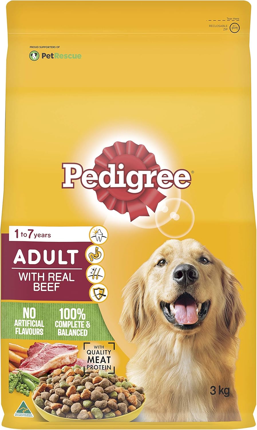 PEDIGREE Adult Dry Dog Food With Real Beef 3kg Bag, 4 Pack